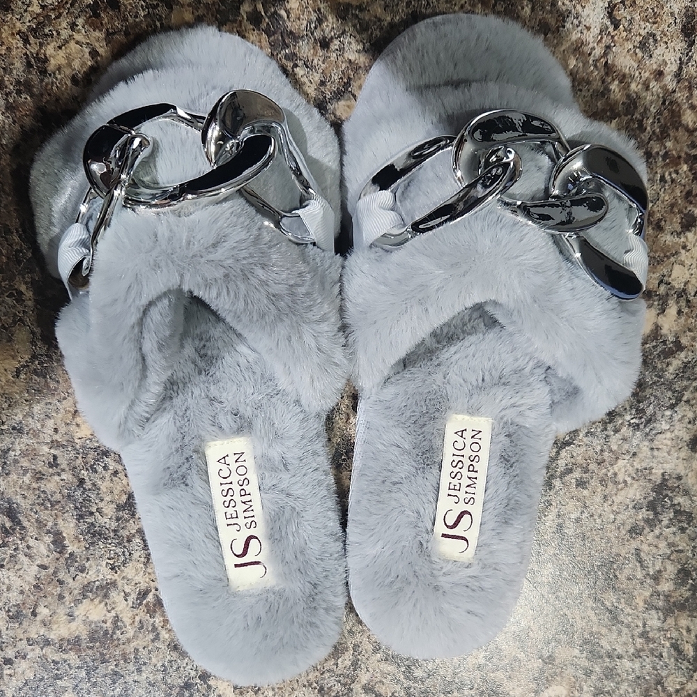 Jessica Simpson Silver and Gray Plush Slippers Size 6-7